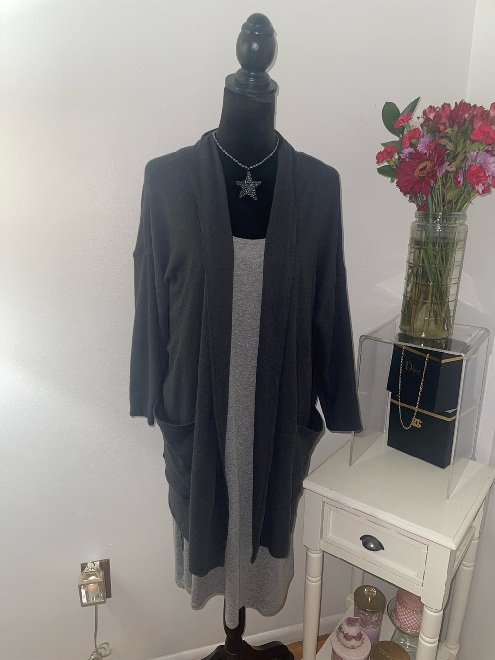 Pact Charcoal Open-Front Long Cardigan